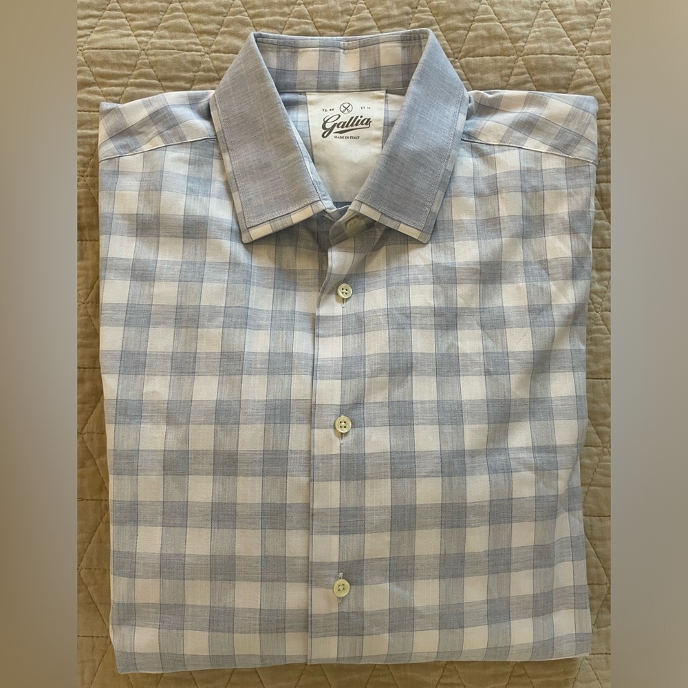 Gallia Made in Italy Check Print Spread Collar Shirt in Blue Size 44/17 1/2 $395